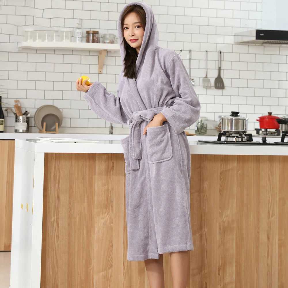 Bathrobe 100 Cotton Hooded Women Long Sleeve Open Front Robes Christmas Robe Sleepwear Homewear Kimono robe White Winter C251115