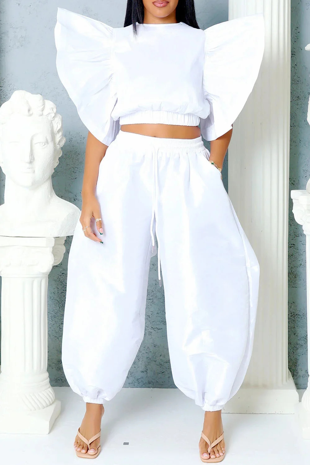 Womens Plus Size Matching Set Round Neck Flutter Sleeves Short Sleeve Tops and Loose Trousers Casual Two Pieces Sets for Summer 250410