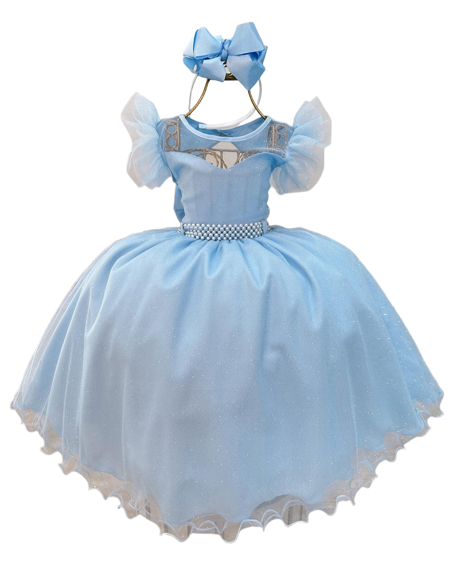 Shiny Baby Blue Flower Girls Dress Princess Short Sleeve Kids Cosplay Dress Beaded Open Back Bohemian Birthday Party Bow Princess First Holy Comunion 