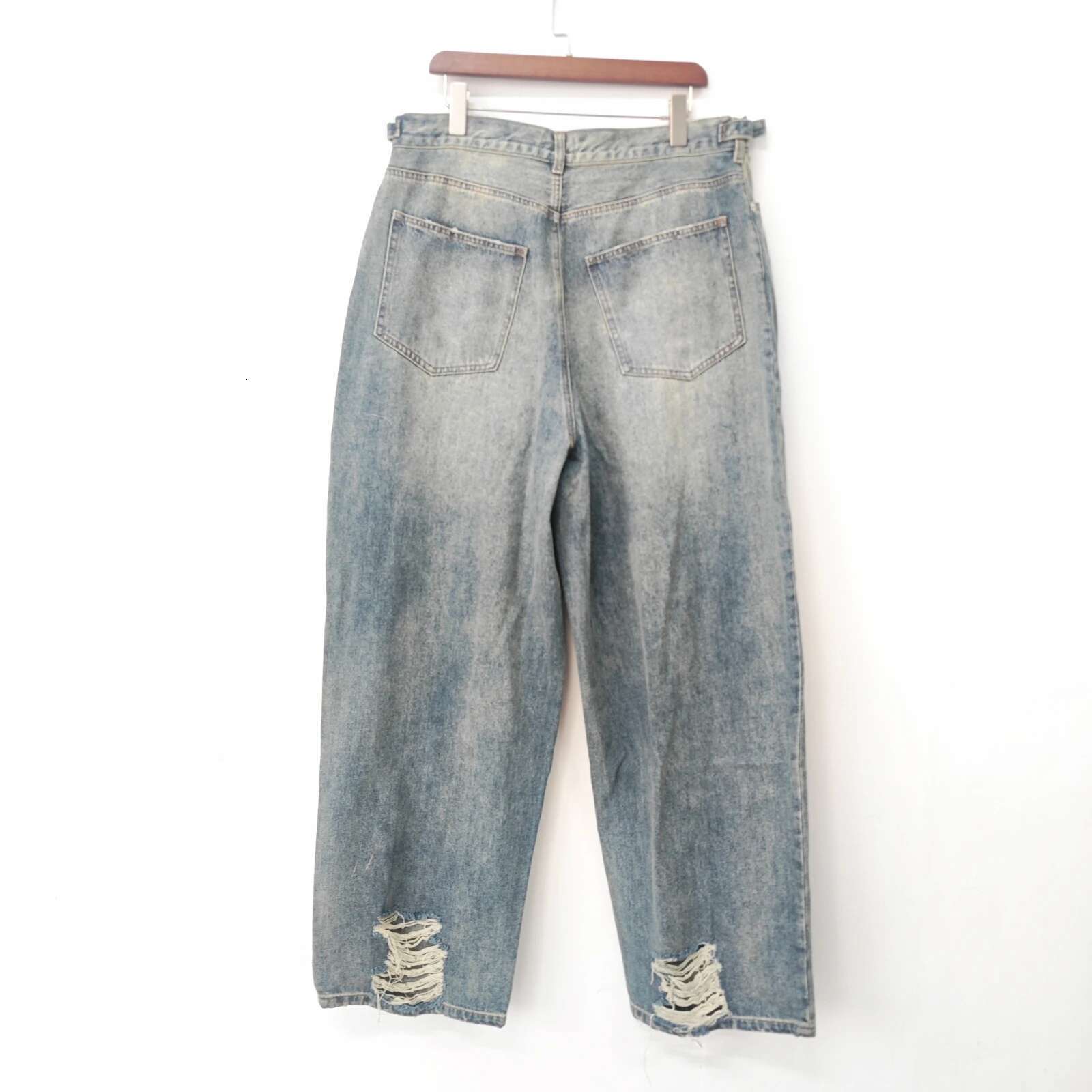 High Street Korean Trendy Washed Knee Cutting Hole Distressed Straight Jeans For Men 2025 New Loose Denim Pants 28W5420