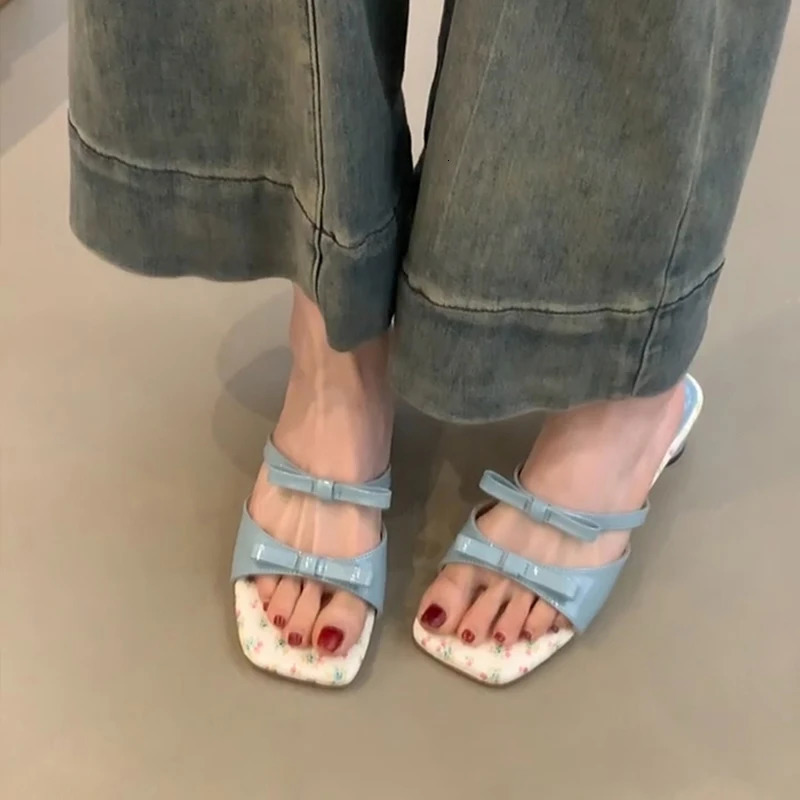 Summer Womens Square Toe Low Heels Slippers Concise Butterfly-knot Slides Party Wedding Candy Color Female Shoes 250411