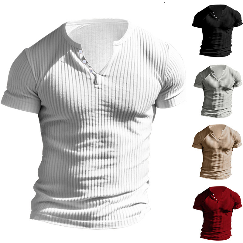 2025 new Henry shirt with pit stripe slim fit round neck solid color casual summer short sleeved T-shirt for men