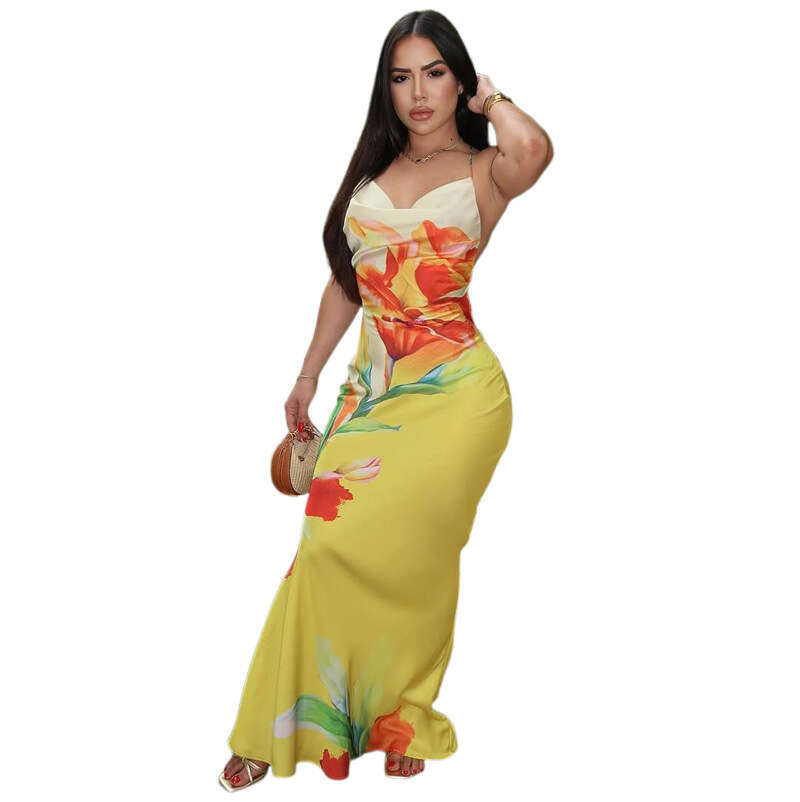 Women's Wear Summer New Women's Clothing Style Elegant Contrasting Flower Print Hanging Neck Swinging Collar Slim Fit Hip Hugging Long Skirt