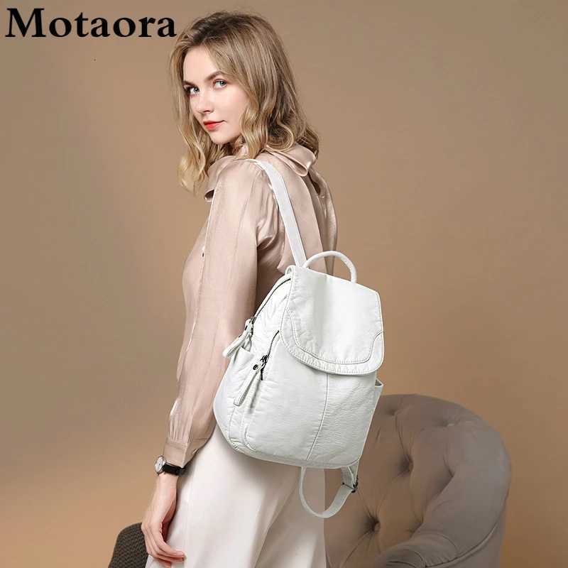 Motaora Womens Backpack White Washed Leather Backpack Female Small School Bags For Teenage Girls All-match Casual Travel BagW251114