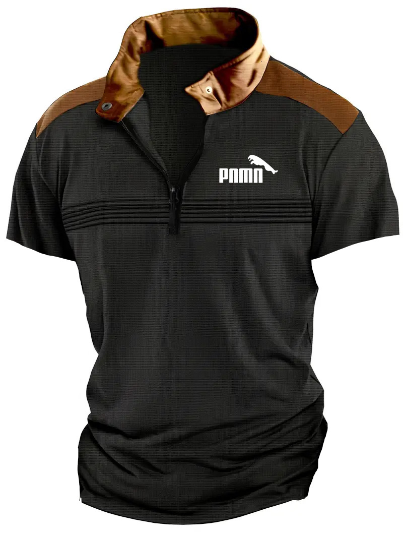 Summer Mens Polo Zipper Short Sleeve Fashion Splicing Chest Wrinkle Breathable Polo Shirt