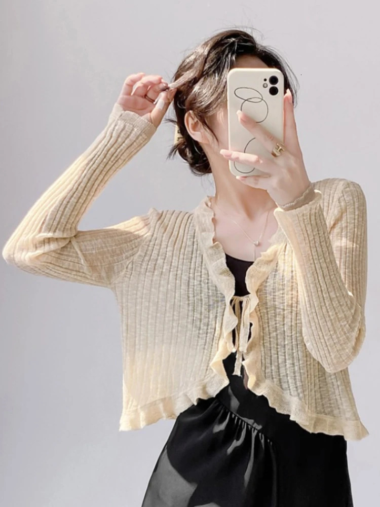 Lace border button long sleeved crop top womens short open front rib knitted cardigan summer Fairycore dress 250407