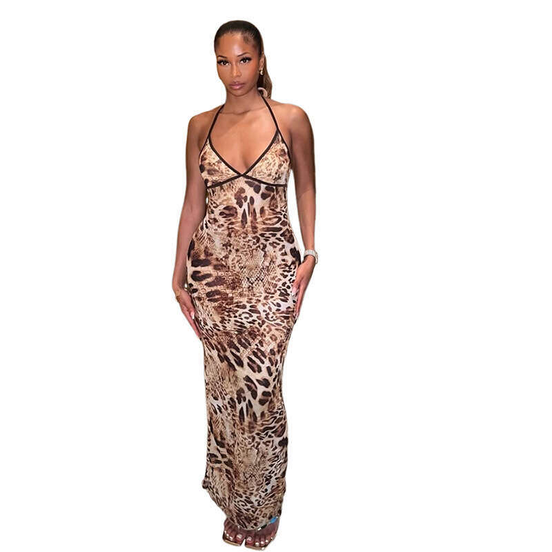Women's Wear Spring/Summer New Women's Sexy Spicy Girl Leopard Print Hanging Neck Sleeveless Strap Back Long Dress