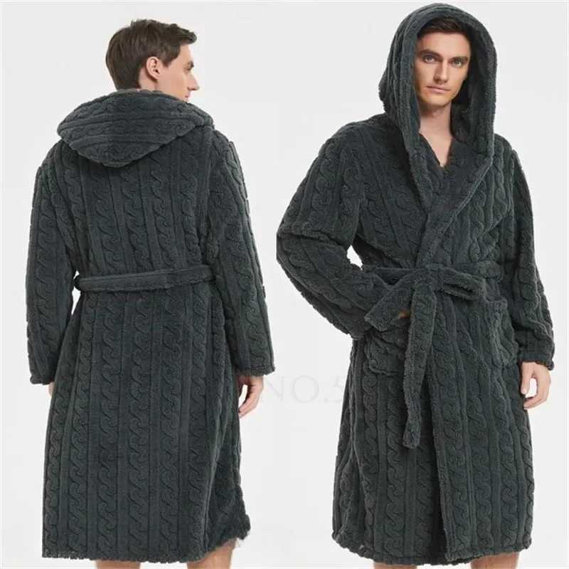 Warm Sleepwear Thicken Jacquard Flannel Men Robe Plush Coral Fleece Hooded Bathrobe Gown Winter Lounge Wear Home Wear Nightwear C251115