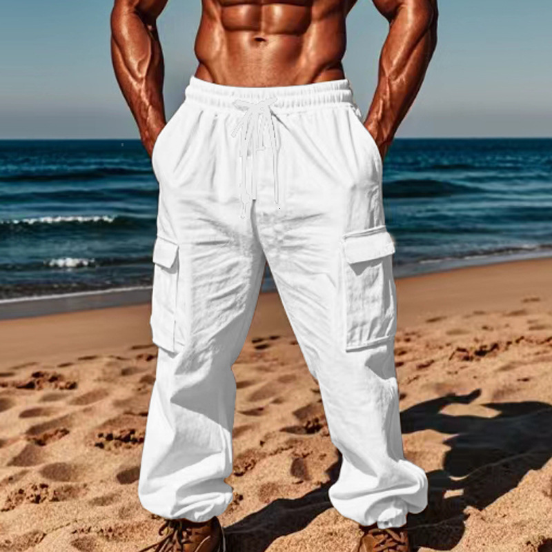 Workwear casual plus size multi pocket wide tube drawstring thin cotton and linen men's pants summer