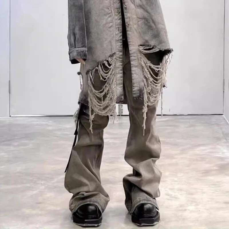 Wrinkled Design Vintage Male Jeans High Street Full Length Washed Wide Leg Pants Trendy Boot Cut Men's Trousers New 28W4545