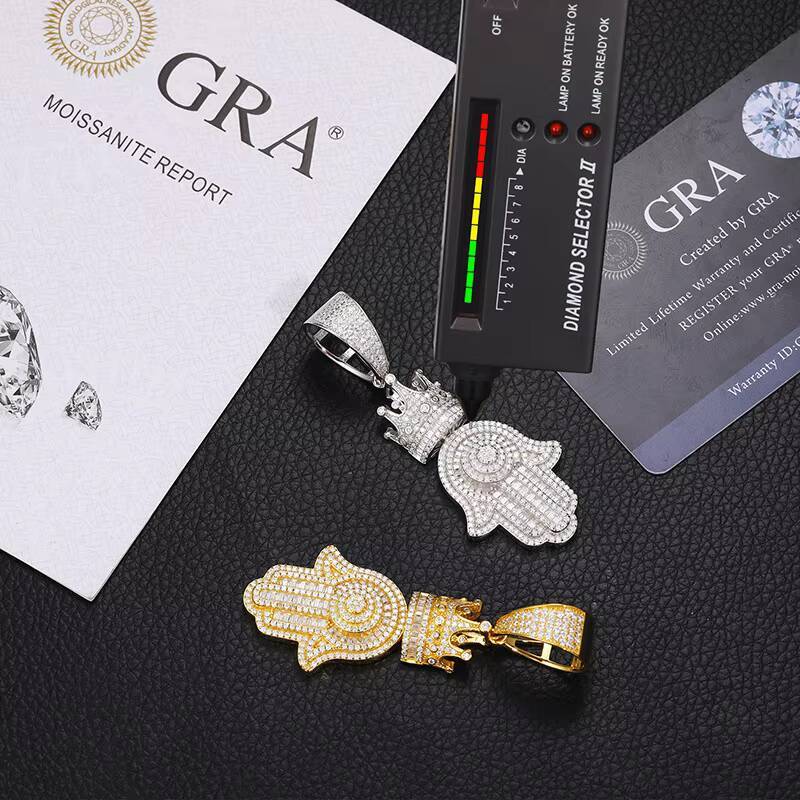 VVS D Moissanite Hamsa Hand Pendant Necklace 925 Sterling Silver Hip Hop Iced Out Crown Hamsa Pendant for Men Women