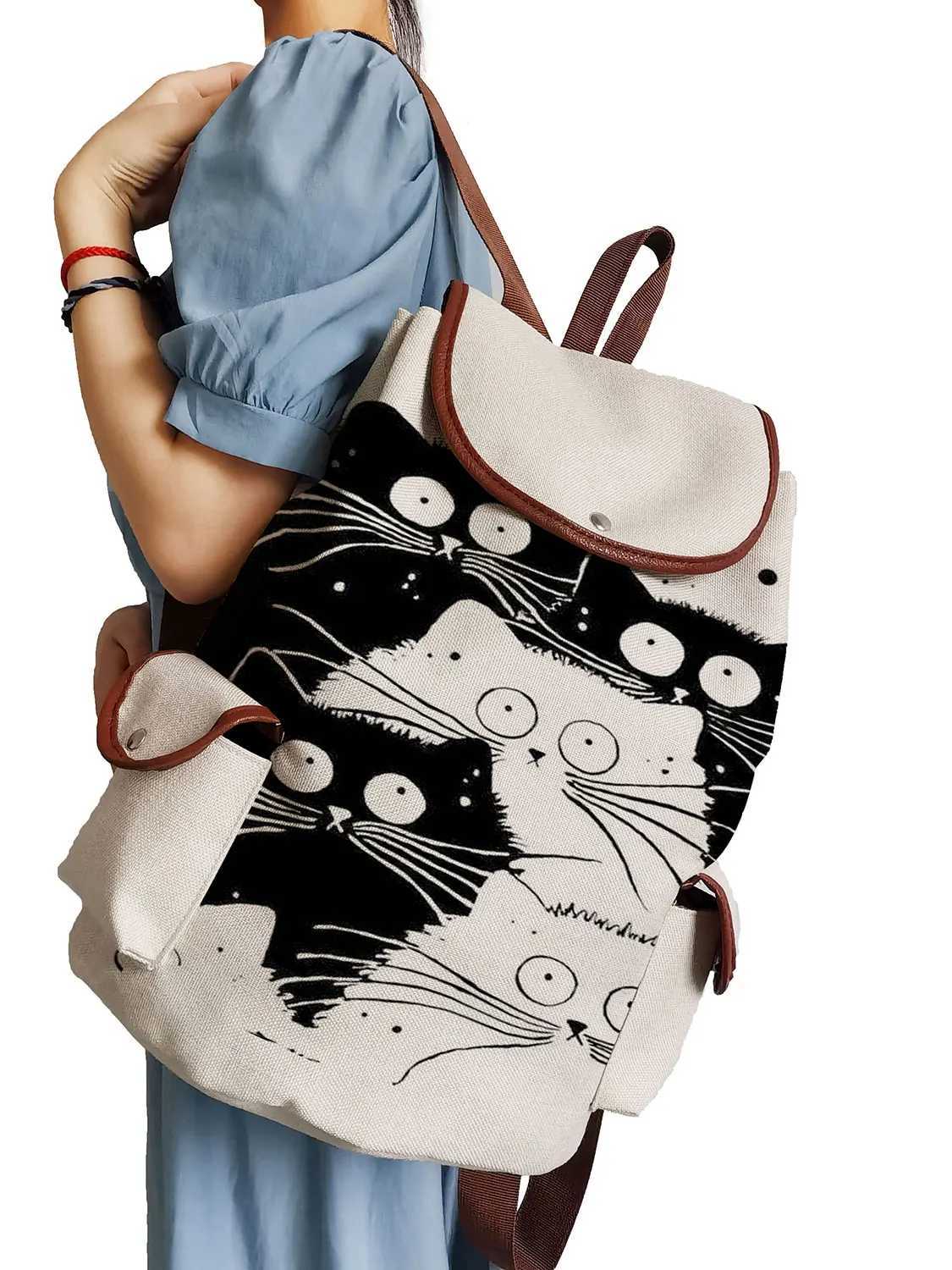 Cartoon Cute Cat Printed Backpack Fashion Teens School Bag For Teenager Girls Drawstring High Capacity Travel Rucksack WomenW251114