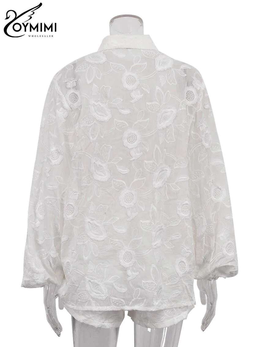Oymimi Summer White Cotton 2 Piece Sets Women Outfit Casual Jacquard Button Wrist Sleeve Shirts And High Waist Shorts Female Set