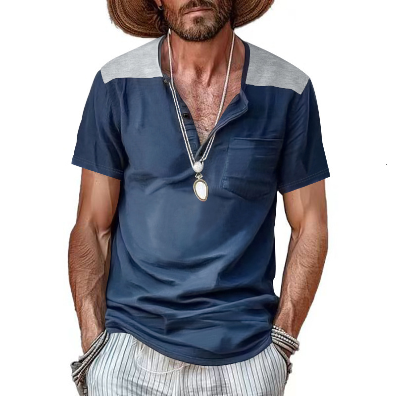 2025 Summer Short sleeved Men's T-shirt Trendy Big Collar Color blocked Thin Henley Top for Men