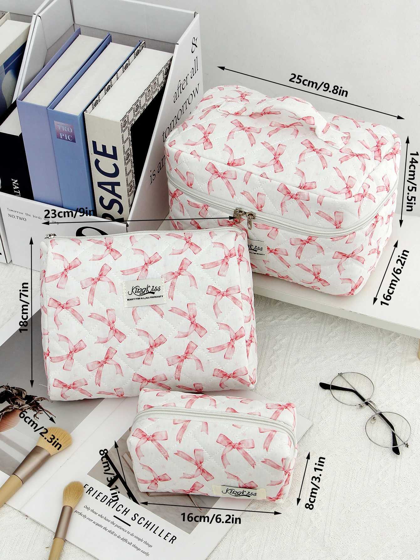 1 piece/set pink bow and star pattern printed quilted large capacity makeup bag portable travel makeup bag for girls makeup bagXJ250415