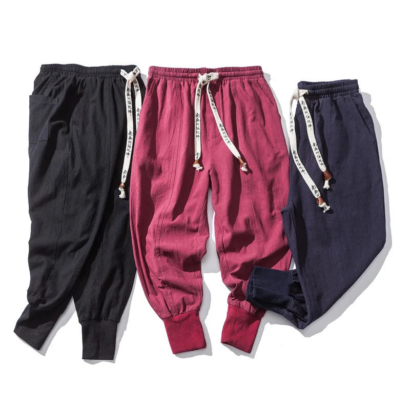 Japanese Loose Mens Cotton Linen Pants Male Summer Breathable Solid Color Linen Trousers Fitness Streetwear Plus Size M-4XL 250415