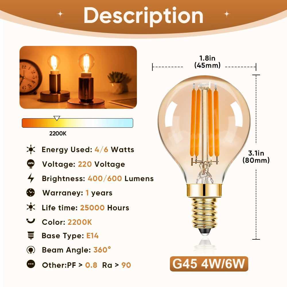 Amber G45 Led Bulb Light 4W 6W E14 220V Filament Lamp Mini Globe Warm White Vintage Dimmable Chandelier Indoor Decoration Home C251115