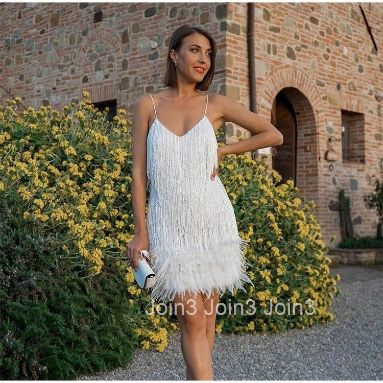2025 Fashion Tassel Sparkle Multi Color Party Sexy V-neck Strap Feather Splicing Dress
