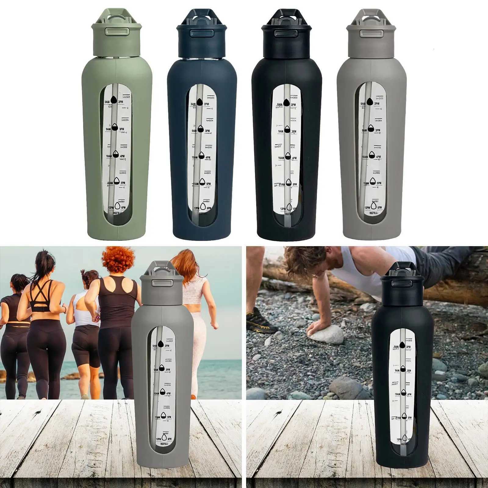 Glass Water Bottle with Time Marker Drink Bottle for Outdoor Cycling WorkoutW251114