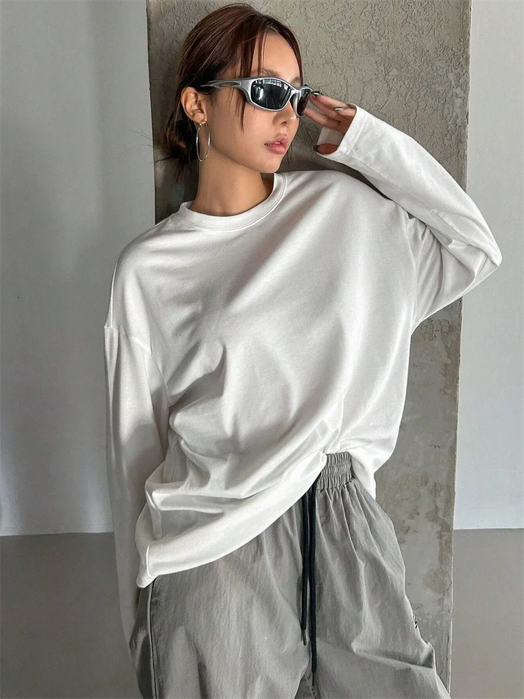 Women Basic Long Sleeve Loose O-neck T-shirt Autumn Winter Solid Color Tee Top Streetwear 250415