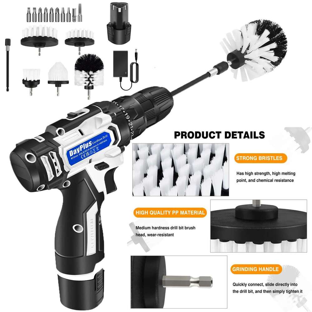 Dayplus 2-In-1 Cordless Drill & Electric Spin Scrubber Cleaning Combi Set W/Battey And Charger 25+1 Keyless,6Pcs Brush