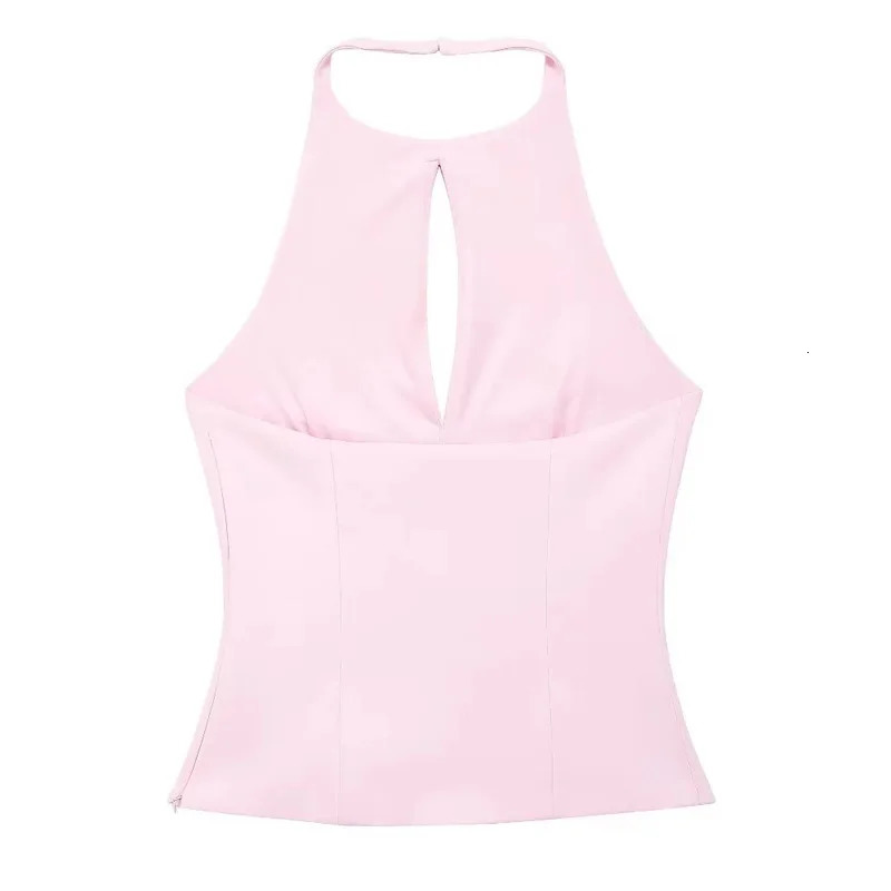 TRAF Off Shoulder Halter Pink Top Woman Cut Out Bow White Crop Top Women Summer Backless Sexy Tank Tops Fitted Y2K Party Top 250415