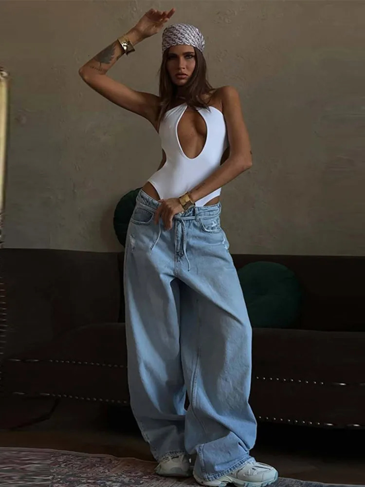 Light blue lace elastic low rise womens jeans loose fit wide legs drag and drop full-length denim pants summer Trouser 250415