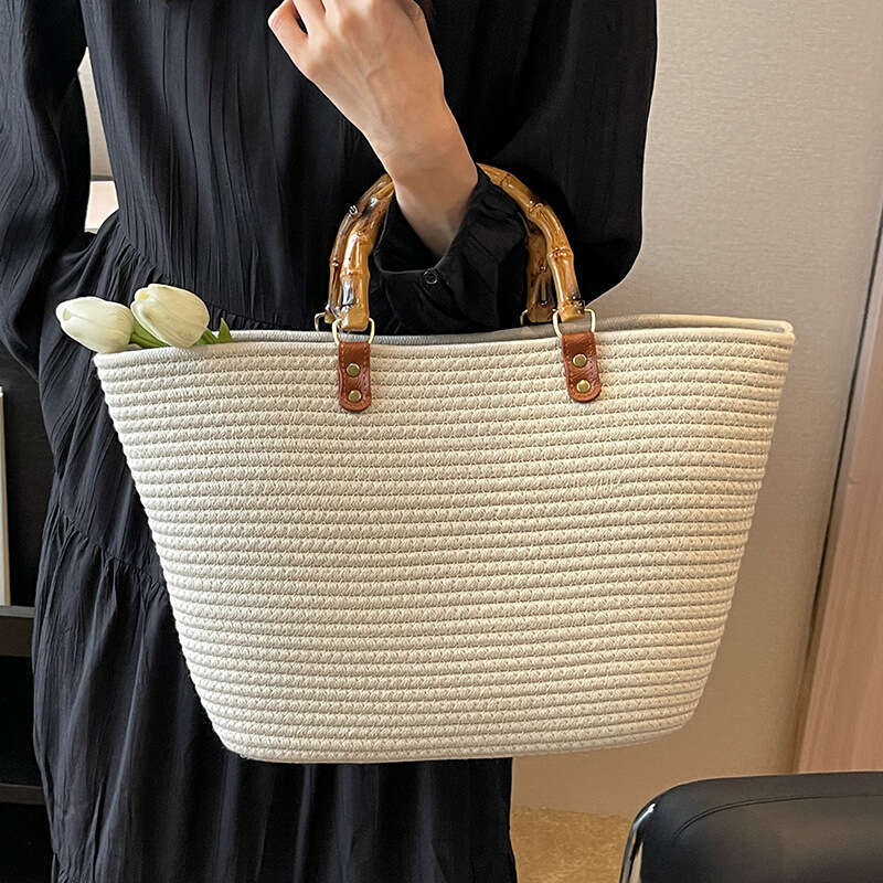 Handmade Beach Bag Striped High-Capacity Cotton Thread New Imitation Bamboo Joint French Grass Woven Portable Beach Bag, Women's Bag Kq2