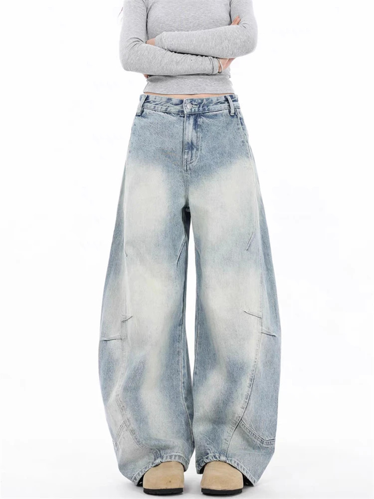 Summer Womens Light Blue Curved Wide Leg Bag Jeans Retro Trouser Cool Bottom Womens High Waist Jeans 250415