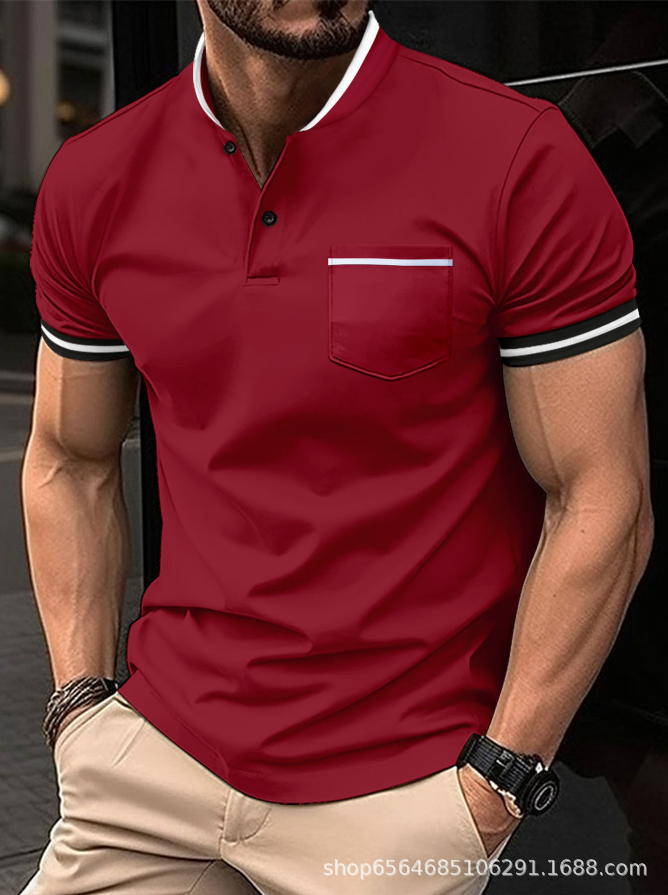 Spring Fashion Mens Short Sleeve Solid Color Stand up Collar Pocket Henley Shirt Polo Shirt