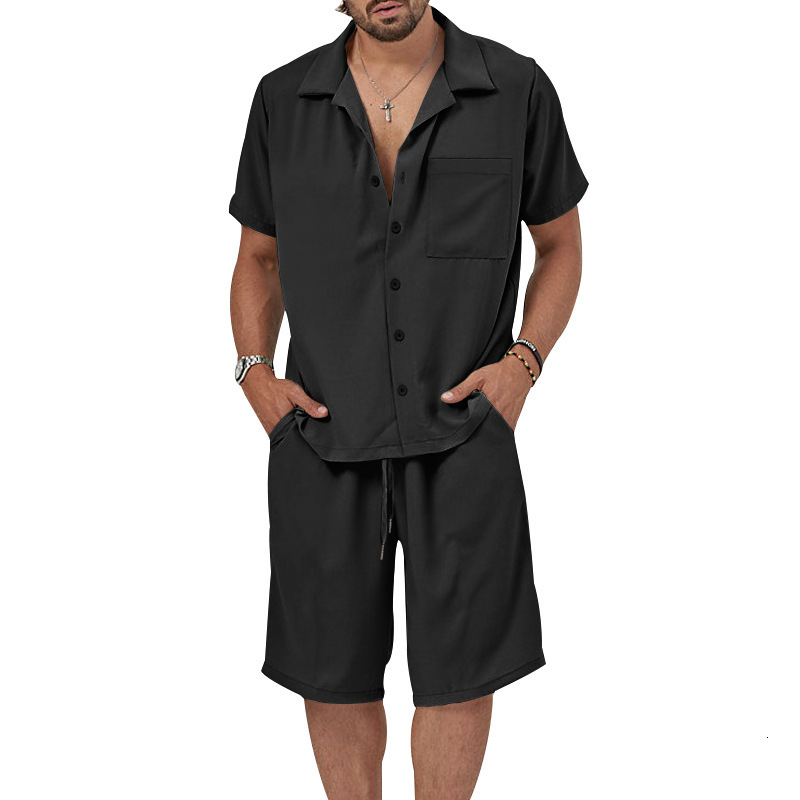 2025 Summer Men's Short sleeved Shorts Set Solid Color Collar Shirt Large Casual Two Piece