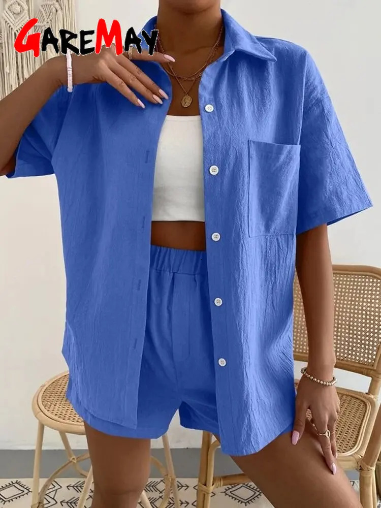 Womens Cotton Suit Short Sleeve Casual Elegant Green Soild Two Piece Set Women Outfit Suit Shorts and Shirt for Women 250415