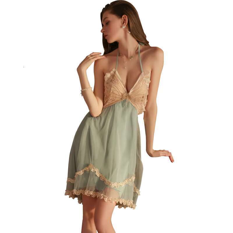 Sexy Pama 2 Pcs Suspender Dress Chest Pad And Mesh Robe Butterfly Ral Sleepwear Babydoll