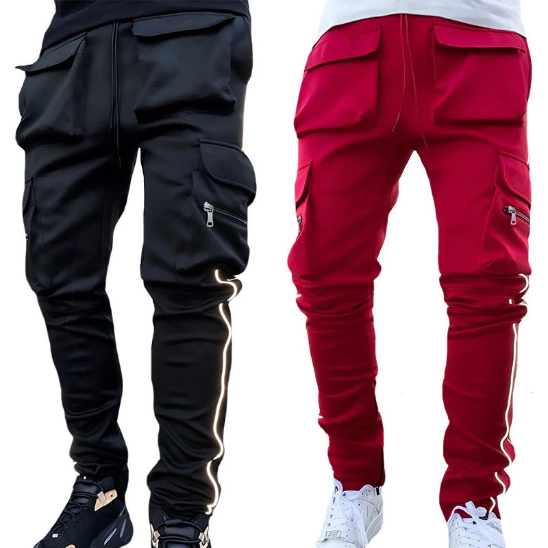 Summer Mens Jogging Sports Pants Multi-Pocket Sweatpants Running Trousers Mens Casual Joggers Cargo Reflective Hip Pop Pants 250415