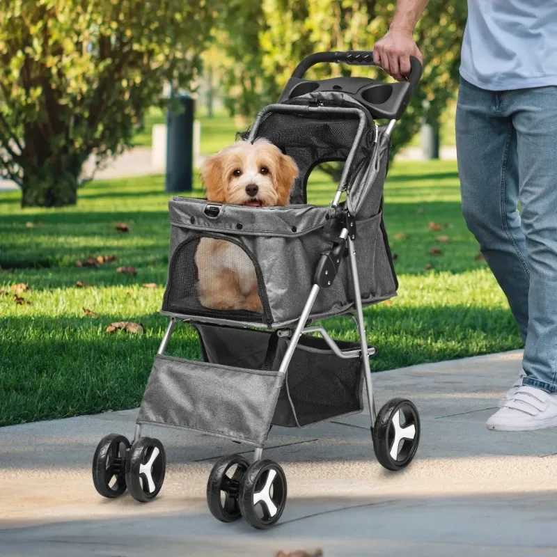 4-wheel folding dog cart with storage basket pet cart with 360 degrees? Rotating wheel suitable for small and medium-sized dogs and cats X250415
