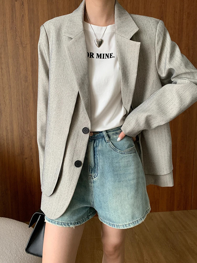 EAM Womens Grey Double Layer Large Size Elegant Jacket Collar Long Sleeve Jacket Fashion Trend Spring and Autumn 1DH6699 250415