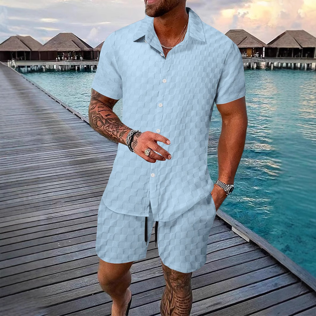 Summer fashion mens shirt casual loose vacation beach mens short sleeved set