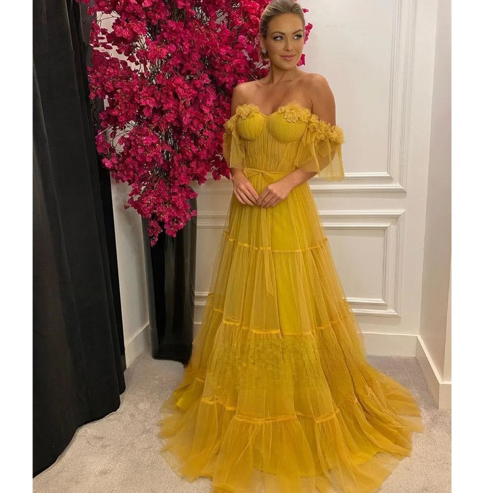 Yellow Sweetheart A-Line Prom Dresses Off the Shoulder 3D Flowers Tiered Tulle Evening Dresses Open Back Formal Prom Gowns Custom Made 01