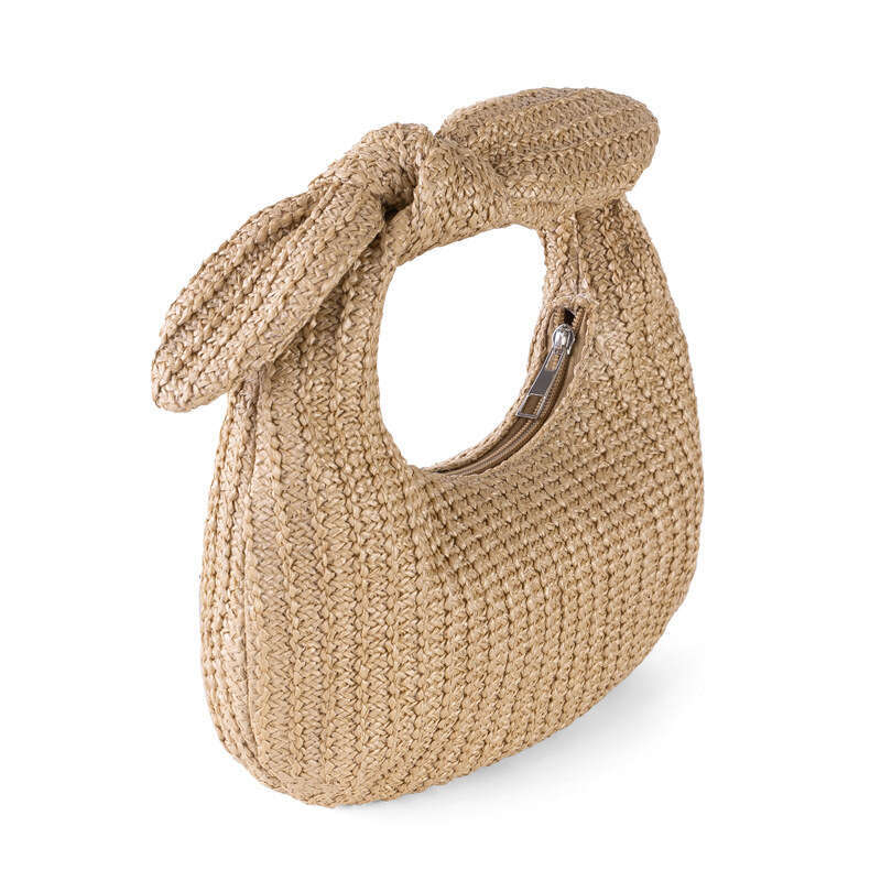 Handmade Beach Bag Ladies' 2024 Summer Vacation Style Bow Straw Woven New Moon Handbag Women's Bag Kq2