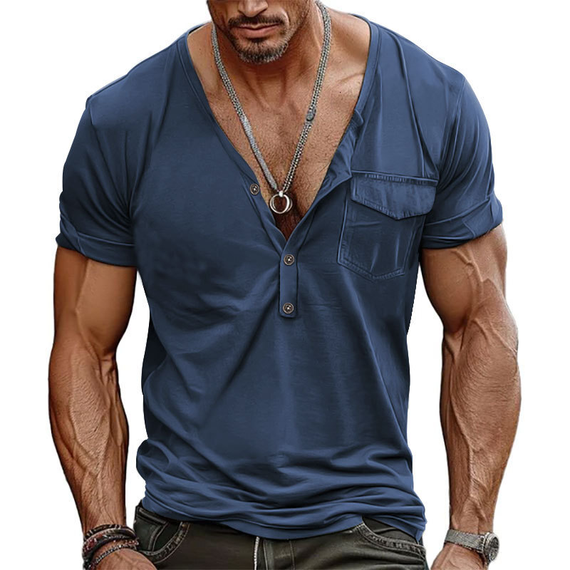 Trendy summer haute couture solid color large casual short sleeved Henry shirt T-shirt men's t-shirt