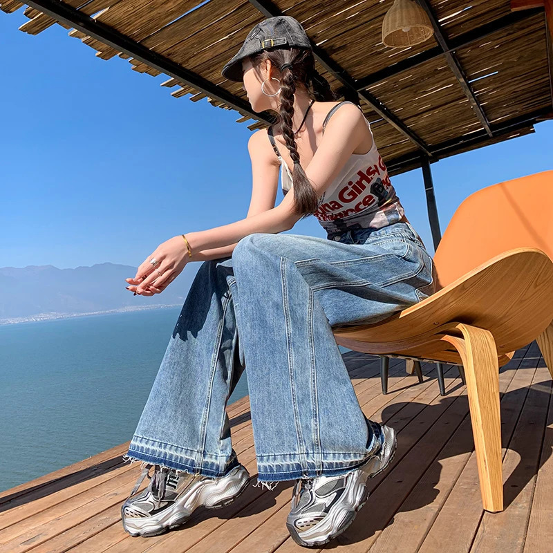 KSTUN Summer Womens Pocket Jeans Wide Leg Jeans Blue Loose High Waist Womens Jeans 250415