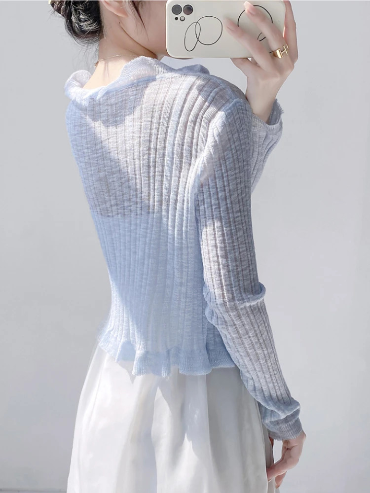 Lace border button long sleeved crop top womens short open front rib knitted cardigan summer Fairycore dress 250407