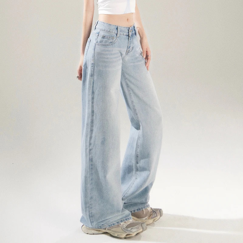 KSTUN Spring Womens Wide Leg Jeans Street Clothing Loose Straight Denim Pants Retro Low Waist Jeans 250415