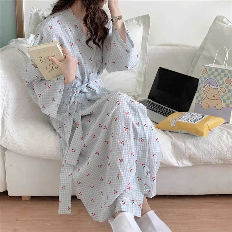 Small Fresh Sweet Plaid Cherry Plaid Robe Nightgown Female Models Spring and Summer Long-Sleeved Bathrobe Homewear C251115