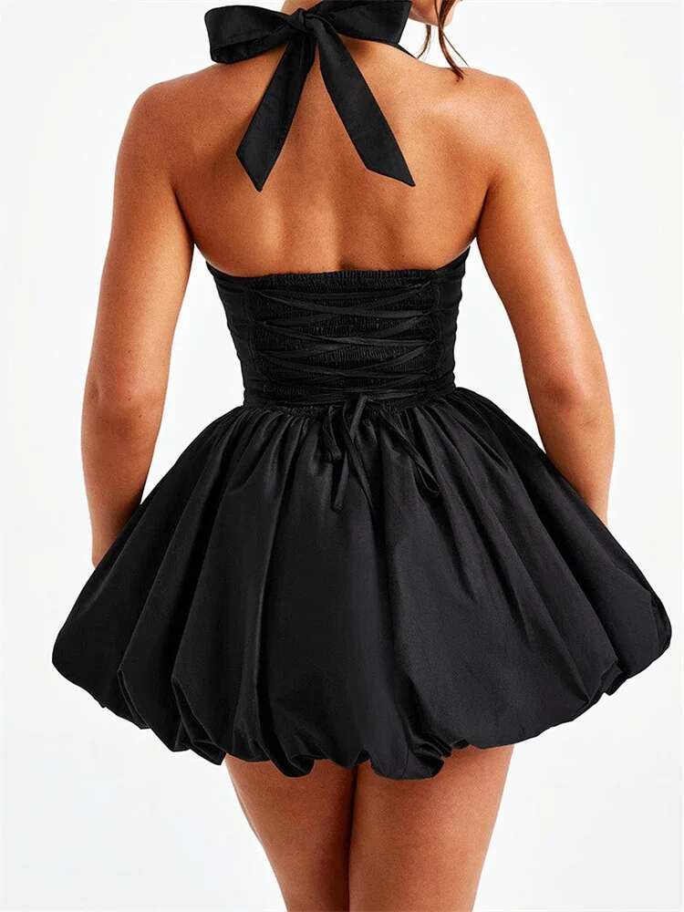 Women Halter Summer Tie Up Sleeveless Backless Corset Bubble Dress For Party Evening Club Streetwear