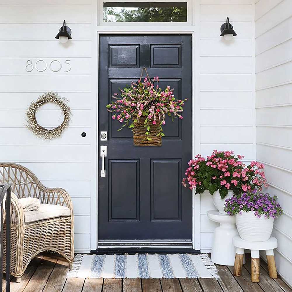 Artificial Flower Wreath Spring Summer Wildflowers Door Hanging Basket Wreath Pink Berry Hanger Wreath Farmhouse Cottage GarlandM251115