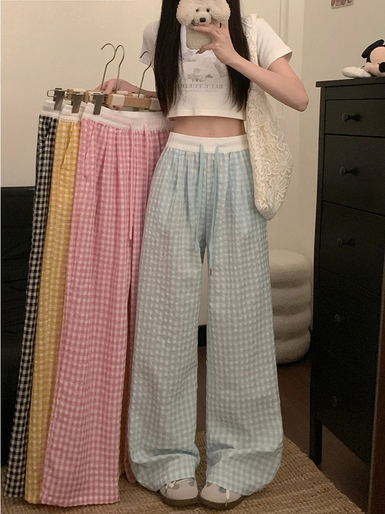 Womens casual loose straight leg flat pants Korean basic style elastic waist wide SpringSummer womens tight 250414Z