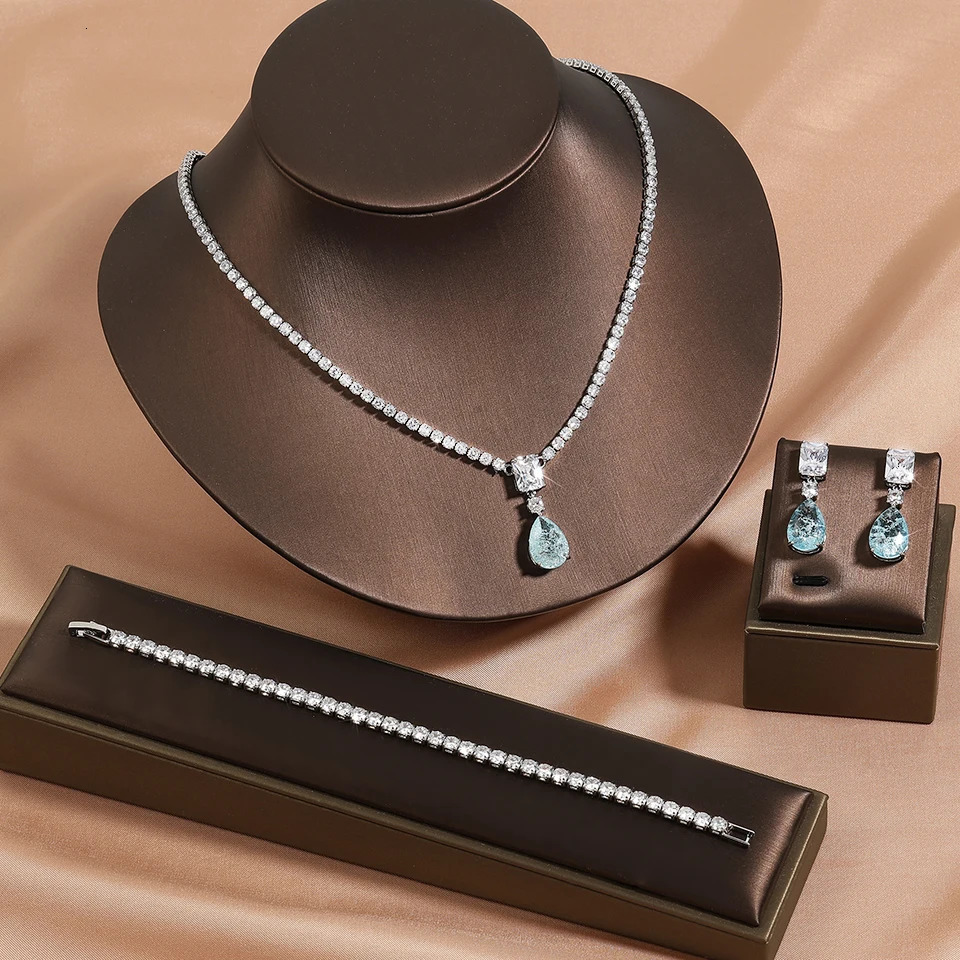 ZAKOL White Gold Color Tennis Choker Necklace Earrings Sets for Women Shinny Green Water Drop Zircon Wedding Jewelry 250414