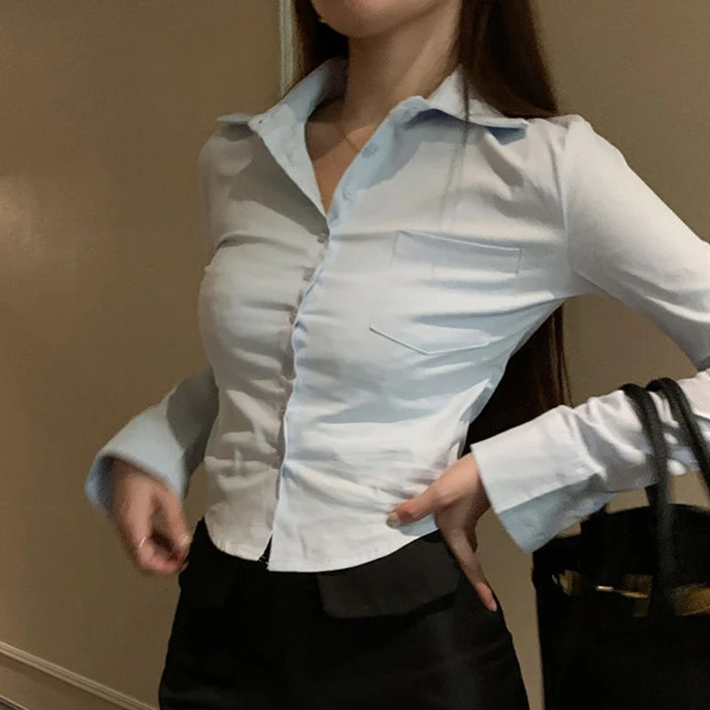 Gidyq Elegant Women Korean Shirts Fashion Streetwear Female Slim Blouse Spring Y2K Casual Office Ladies Sexy Cropped Tops 250415