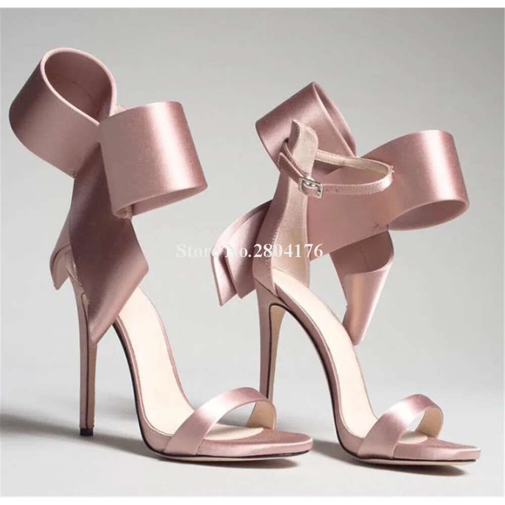 Charming Bowtoe Decorated Thin Sandals Pink Red Blue Satin Stiletto Heel Wedding Shoes Big Size Heels